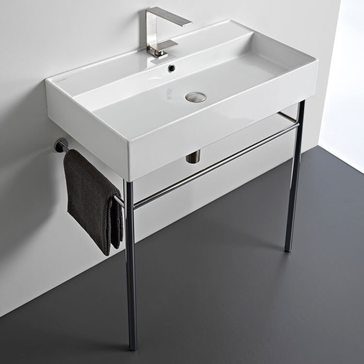 Console Bathroom Sink, Scarabeo 8031/R-80-CON, Rectangular Ceramic Console Sink and Polished Chrome Stand